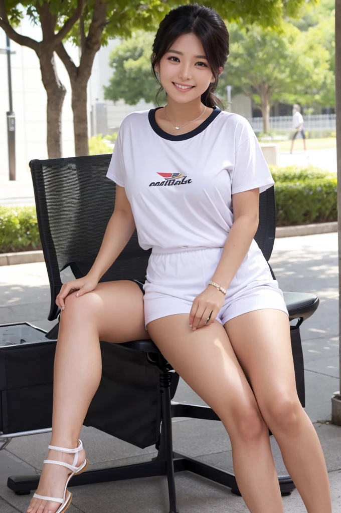 ,(tanned skin:1.3), japanese female,mascular thighs,sport jersey short pants,white t-shirt,curvy,at park,sandals,natural black hair,standing,smile,,(from below,thighs focus),sitting on chair