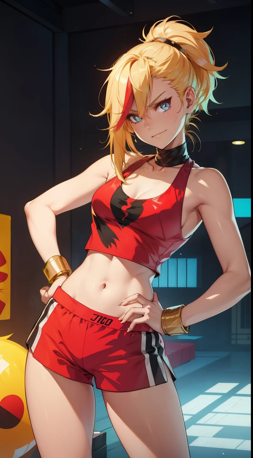 young girl, longue blonde hair, Hairpin with a bundle, turquoise eyes, Yakuza tattoos, red tight uniform, Sleeveless, Wide neckline on the chest to the abdomen, Gold Elements, Red gold armor, Shorts, claws, smirk, Masterpiece, hiquality, 4k, HD, Good detail