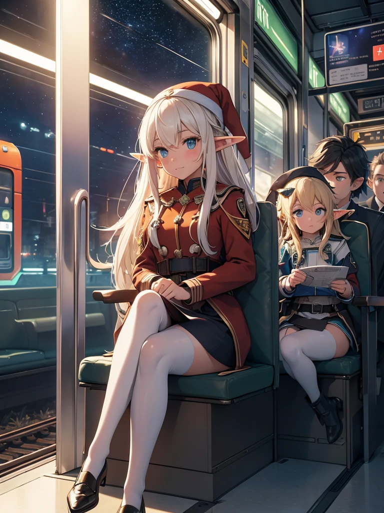 High resolution, 8K Ultra HD, ((man and elf girl)), Railway flying through the galaxy at night. Inside the train. An elf girl sitting on a two-seater seat. An elf girl hands a ticket to the conductor. ((The male conductor is standing)).