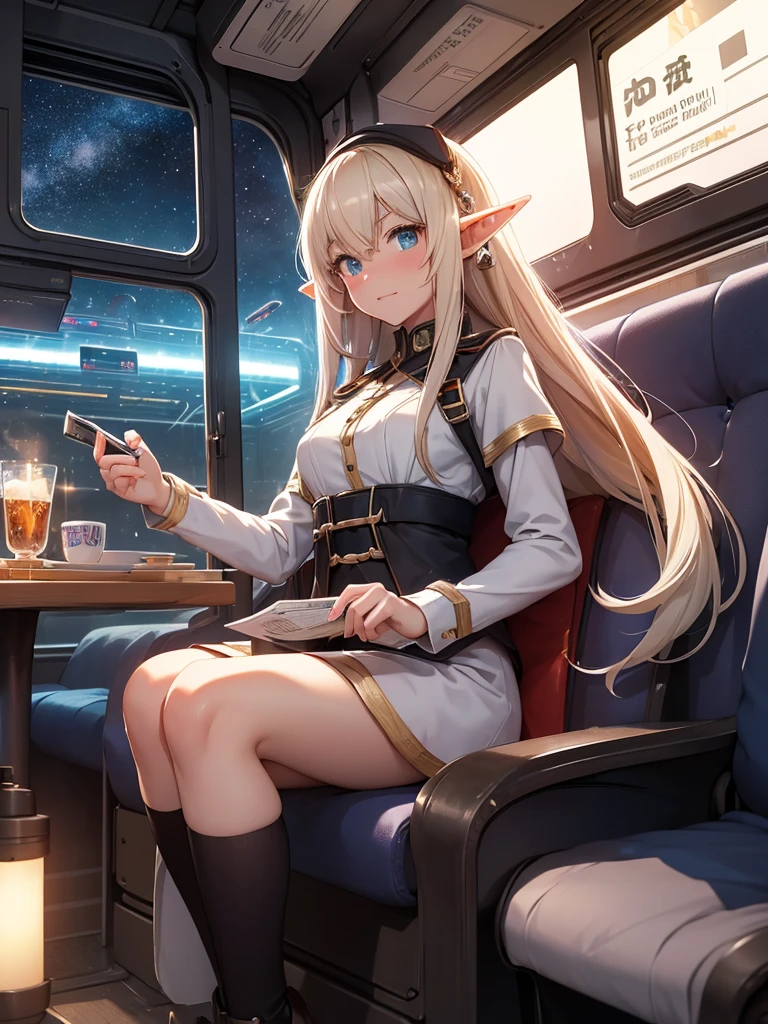 High resolution, 8K Ultra HD, ((man and elf girl)), Railway flying through the galaxy at night. Inside the train. An elf girl sitting on a two-seater seat. An elf girl hands a ticket to the conductor. ((The male conductor is standing)).