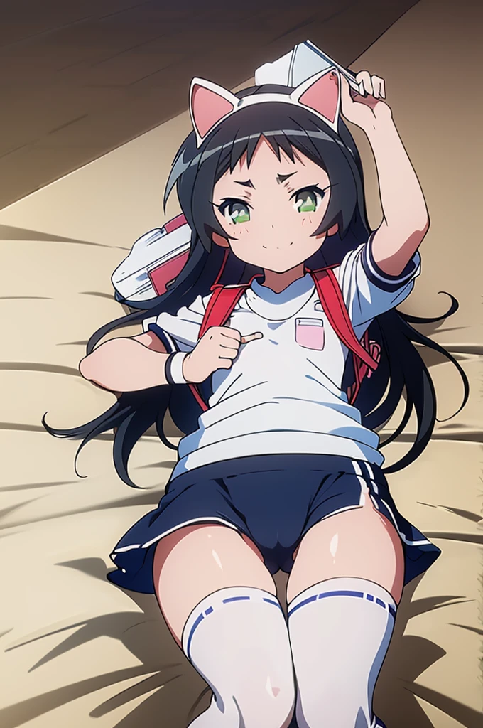 masterpiece, ultra quality, ultra sharp, ultra detailed, 1girl, solo, (((good anatomy))), haduki kurumi, (tattered torn dripping wet white gym shirt), navy gym pants, animal ears, randoseru, name tag, Japanese anime pose, laugh, BurumaShorts, Buruma, Gym Uniform, (((lying:1.4,  spread_legs, legspread, split_legs, spreading legs)), (randoseru backpack:1.4), (smirk smile), buruma, blue buruma, black buruma, (cameltoe), (tattered torn short sleeve white gym uniform with colored hem), (tiny nipples), (white long loose socks), strong lighting, legspread, bukkake, cum on clothes, cum on legs, cum on buruma, cum on bloomers,