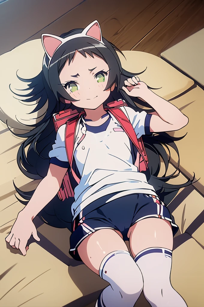 masterpiece, ultra quality, ultra sharp, ultra detailed, 1girl, solo, (((good anatomy))), haduki kurumi, (tattered torn dripping wet white gym shirt), navy gym pants, animal ears, randoseru, name tag, Japanese anime pose, laugh, BurumaShorts, Buruma, Gym Uniform, (((lying:1.4,  spread_legs, legspread, split_legs, spreading legs)), (randoseru backpack:1.4), (smirk smile), buruma, blue buruma, black buruma, (cameltoe), (tattered torn short sleeve white gym uniform with colored hem), (tiny nipples), (white long loose socks), strong lighting, legspread, bukkake, cum on clothes, cum on legs, cum on buruma, cum on bloomers,