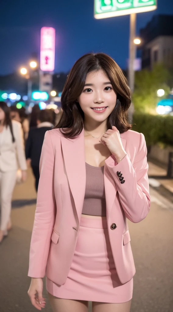 (((Yumikanok))),((Best quality, 8k, Masterpiece :1.3)), 1girl, smiling, full body, slim face, Pretty woman, (Dark brown hair), Thight ((pink suit)),((pink short tight skirt)), Ultra-detailed face, Detailed eyes, Double eyelid, bokeh background, slim face, night city, neon light,outside, tokyo street,japan