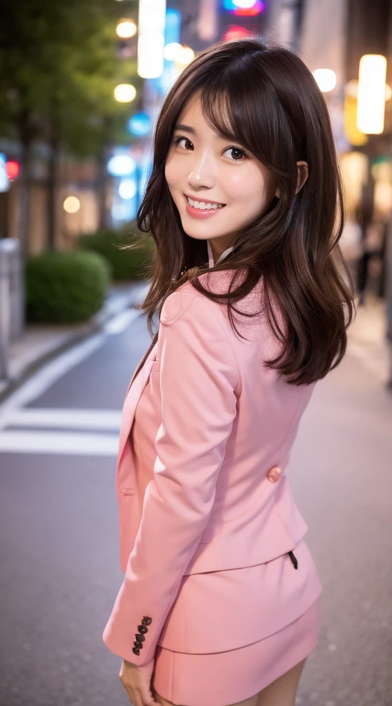 (((Yumikanok))),((Best quality, 8k, Masterpiece :1.3)), 1girl, smiling, full body, slim face, Pretty woman, (Dark brown hair), Thight ((pink suit)),((pink short tight skirt)), Ultra-detailed face, Detailed eyes, Double eyelid, bokeh background, slim face, night city, neon light,outside, tokyo street,japan