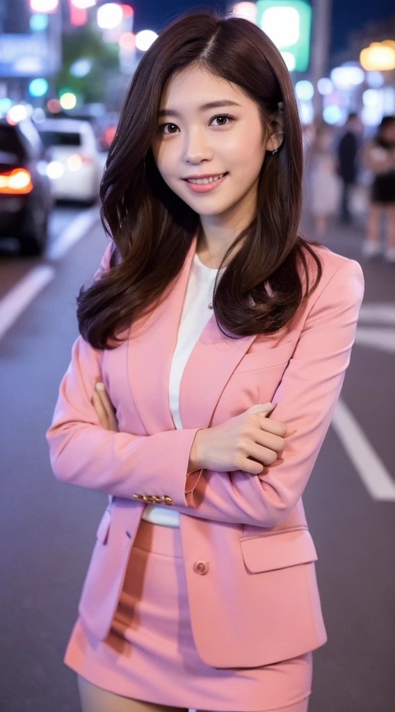 (((Yumikanok))),((Best quality, 8k, Masterpiece :1.3)), 1girl, smiling, full body, slim face, Pretty woman, (Dark brown hair), Thight ((pink suit)),((pink short tight skirt)), Ultra-detailed face, Detailed eyes, Double eyelid,  bokeh background, slim face, night city, neon light,outside, tokyo street,japan