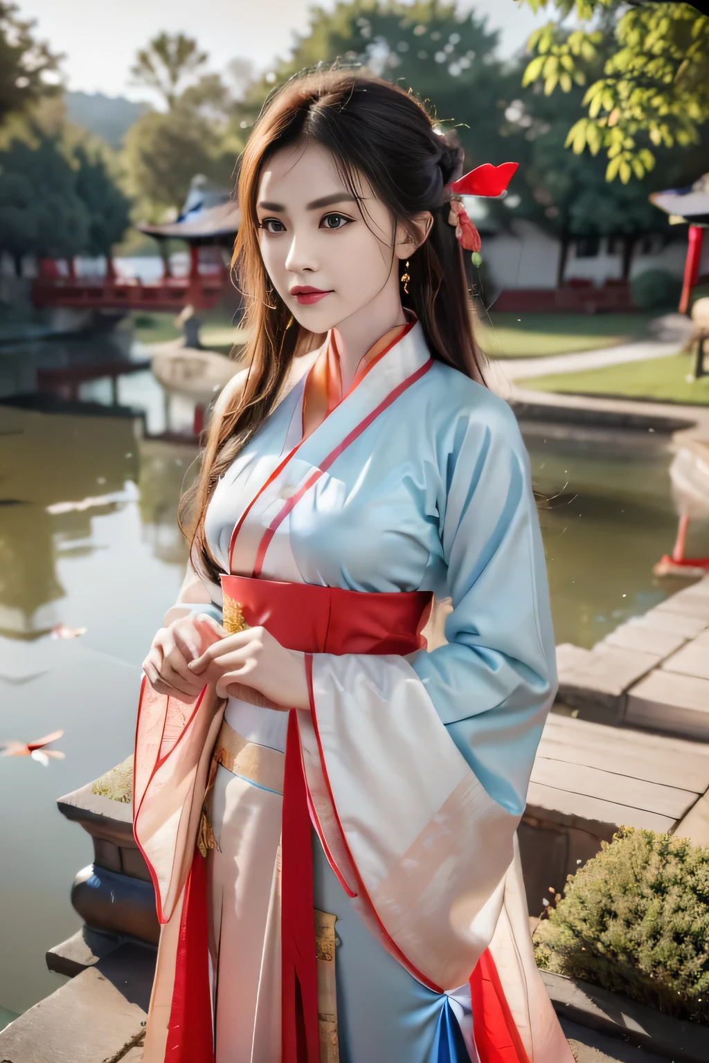 Official Art, unity 8k wallPaper, Extremely detailed, beautiful and aesthetic, masterpiece, best quality, (fire, water, Ribbon, Paper cutting), (Fractal Art:1.3) 1 Girl,architecture, (Solitary:1.5), Chinese_clothing, Sky, outdoor, Wide_sleeve, Black_hair, Sunset, (come down_Leaves:1.2), Entern, (Paper_lEntern:1.5),blue Sky, (outdoor:1.5),Hanfu, (Rainbow Candy:0.8), (Style Swirl Magic:0.8),