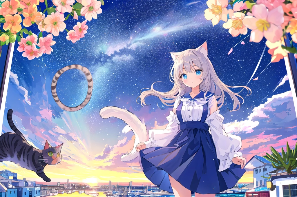 high quality、Detailed background、in 8K、Seaside town、One beautiful girl、Cute Hairstyles、Overlooking the cityscape、Midnight,detailed、pastel colour、shooting star、ripple，((Cat))、