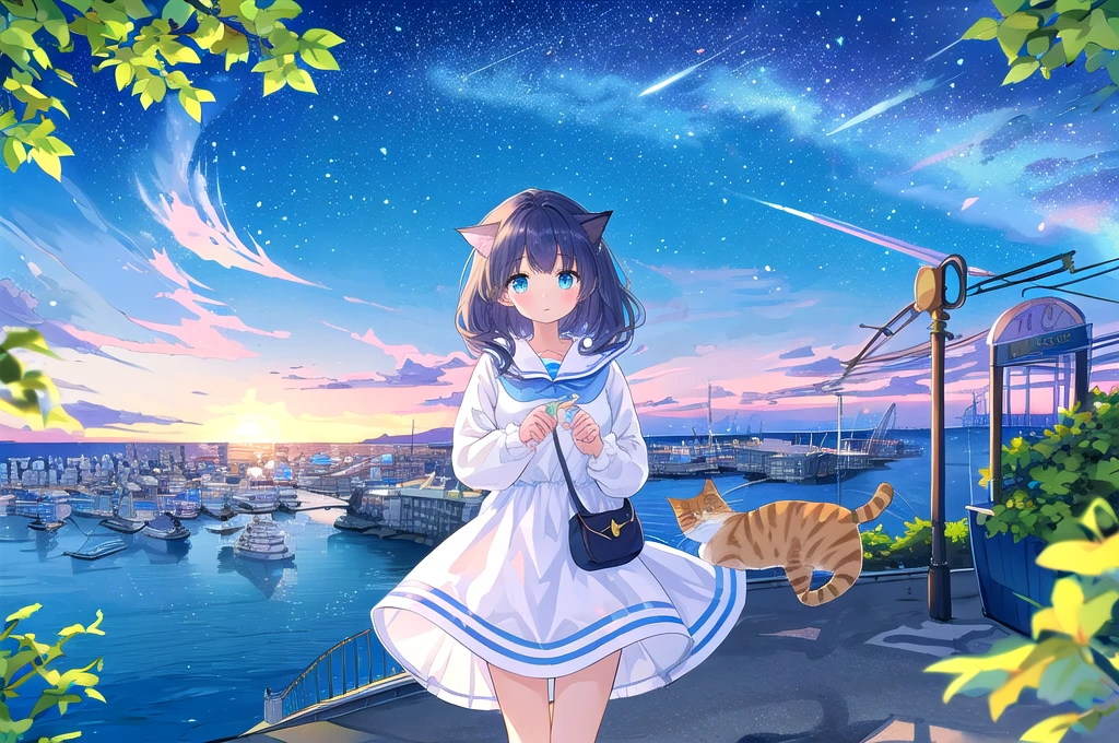 high quality、Detailed background、in 8K、Seaside town、One beautiful girl、Cute Hairstyles、Overlooking the cityscape、Midnight,detailed、pastel colour、shooting star、ripple，((Cat))、