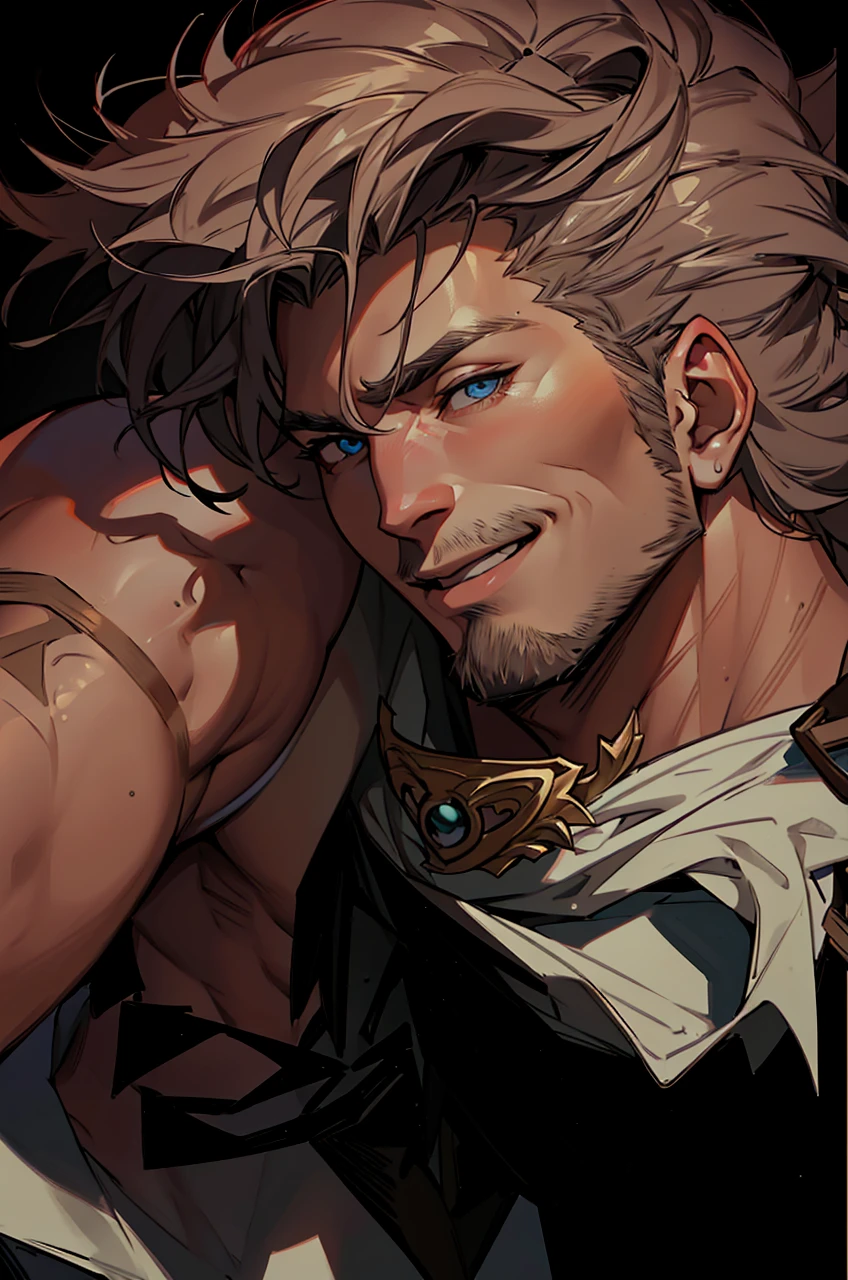 (absurdres, highres, ultra detailed), 1 male, mature, manly, tall muscular, handsome, detailed eyes, portrait, solo, close up, detailed background, (none background :1.1) short messy hair, eyes close, smile , diastema