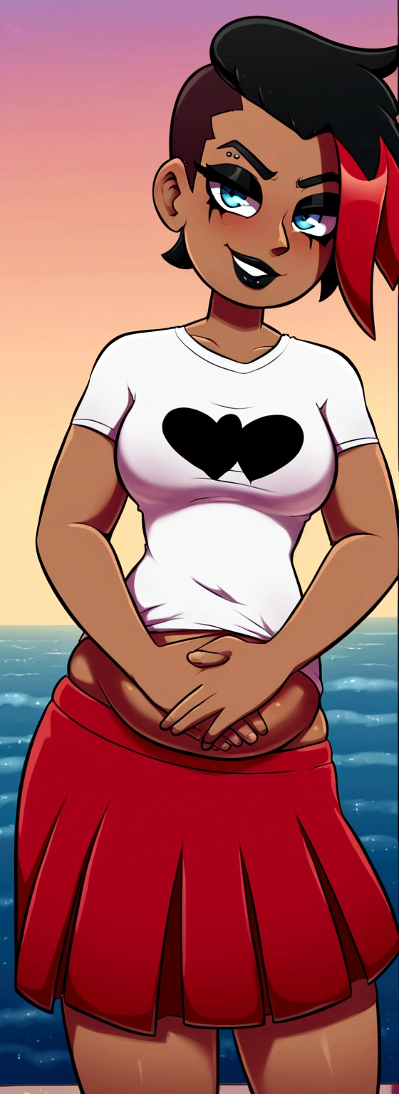 edgy emo girl, dark tan skin, sea blue eyes, darkish red short hairstyle, black eyeliner, black lips, black colored makeup, smug smile, going wild in a lovesick way, blush a little bit, wearing black t-shirt, red skirt, visible belly, very chunky body, very chunky belly, Standing, outside the School, (Great autonomy), (very attractive image) , 100% beautiful, (perfectly hands) High Quality