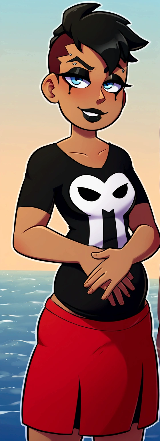edgy emo girl, dark tan skin, sea blue eyes, darkish red short hairstyle, black eyeliner, black lips, black colored makeup, smug smile, going wild in a lovesick way, blush a little bit, wearing black t-shirt, red skirt, visible belly, very chunky body, very chunky belly, Standing, outside the School, (Great autonomy), (very attractive image) , 100% beautiful, (perfectly hands) High Quality