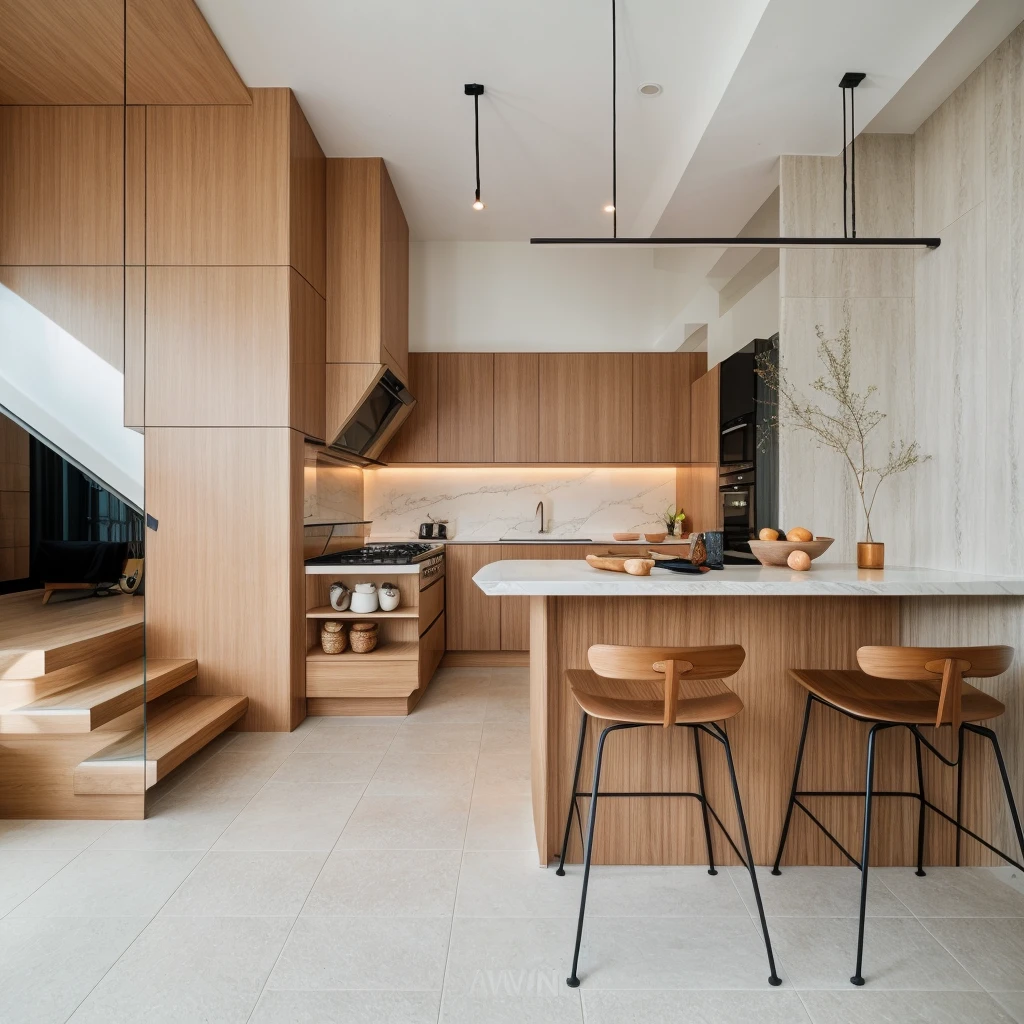 RAW photo, 8k uhd, dslr, soft lighting, high quality, film grain, Fujifilm XT3, interior of kitchen, modern style, wood, tile, sofa, table, chair, stair, tree, daylight,