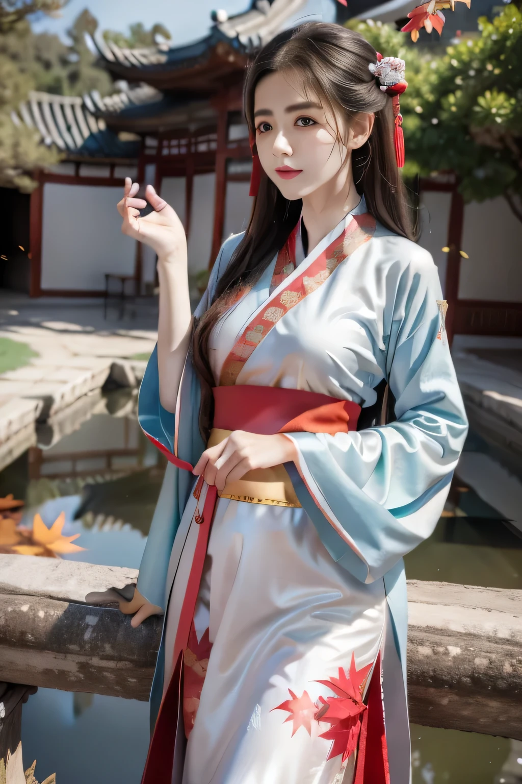 photorealistic, high resolution, 1women, shining skin, solo, jewelry, pink lips, long hair, blue eyes, closed mouth, hips up, hanfu, cherry blossoms