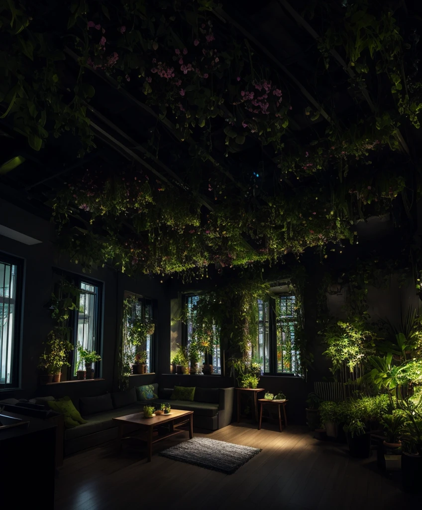 a photo of a solarpunk living room with lots of flowers and plants, dark theme, evening