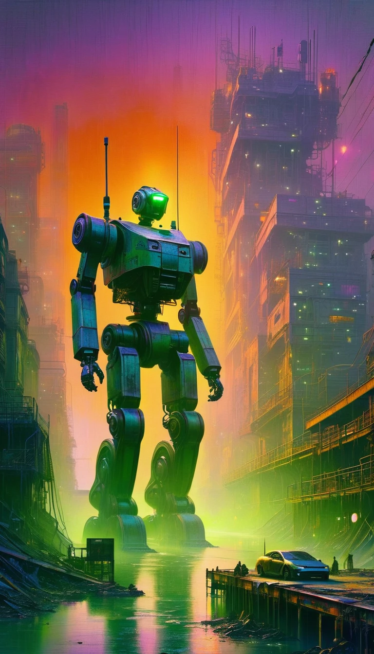 a polluted futuristic industrial landscape, large robotic structures, dilapidated buildings, toxic green rivers, hazy purple and orange sky, grim atmosphere, oil painting, art inspired by Bill Sienkiewicz, hyper-detailed, photorealistic, 8k, (best quality,4k,8k,highres,masterpiece:1.2),ultra-detailed,(realistic,photorealistic,photo-realistic:1.37),HDR,UHD,studio lighting,ultra-fine painting,sharp focus,physically-based rendering,extreme detail description,professional,vivid colors,bokeh