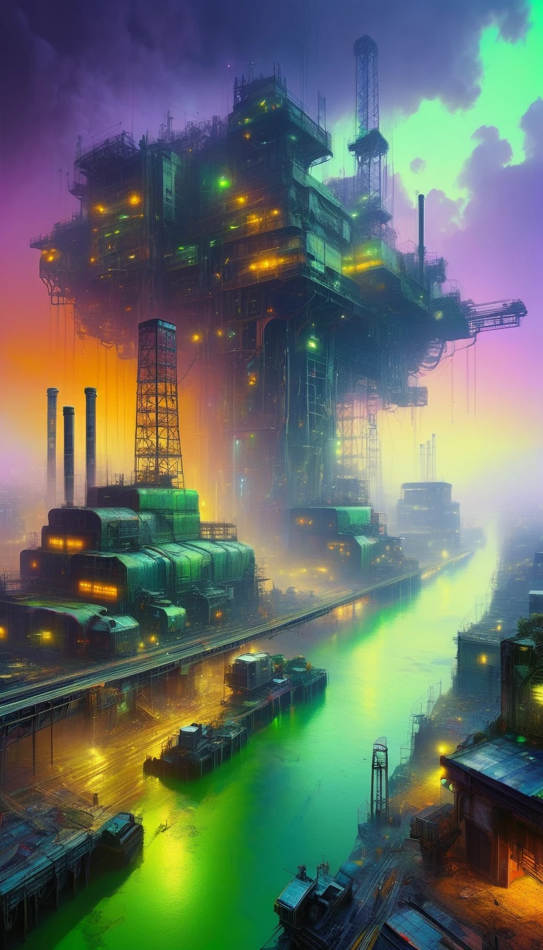 a polluted futuristic industrial landscape, large robotic structures, dilapidated buildings, toxic green rivers, hazy purple and orange sky, grim atmosphere, oil painting, art inspired by Bill Sienkiewicz, hyper-detailed, photorealistic, 8k, (best quality,4k,8k,highres,masterpiece:1.2),ultra-detailed,(realistic,photorealistic,photo-realistic:1.37),HDR,UHD,studio lighting,ultra-fine painting,sharp focus,physically-based rendering,extreme detail description,professional,vivid colors,bokeh