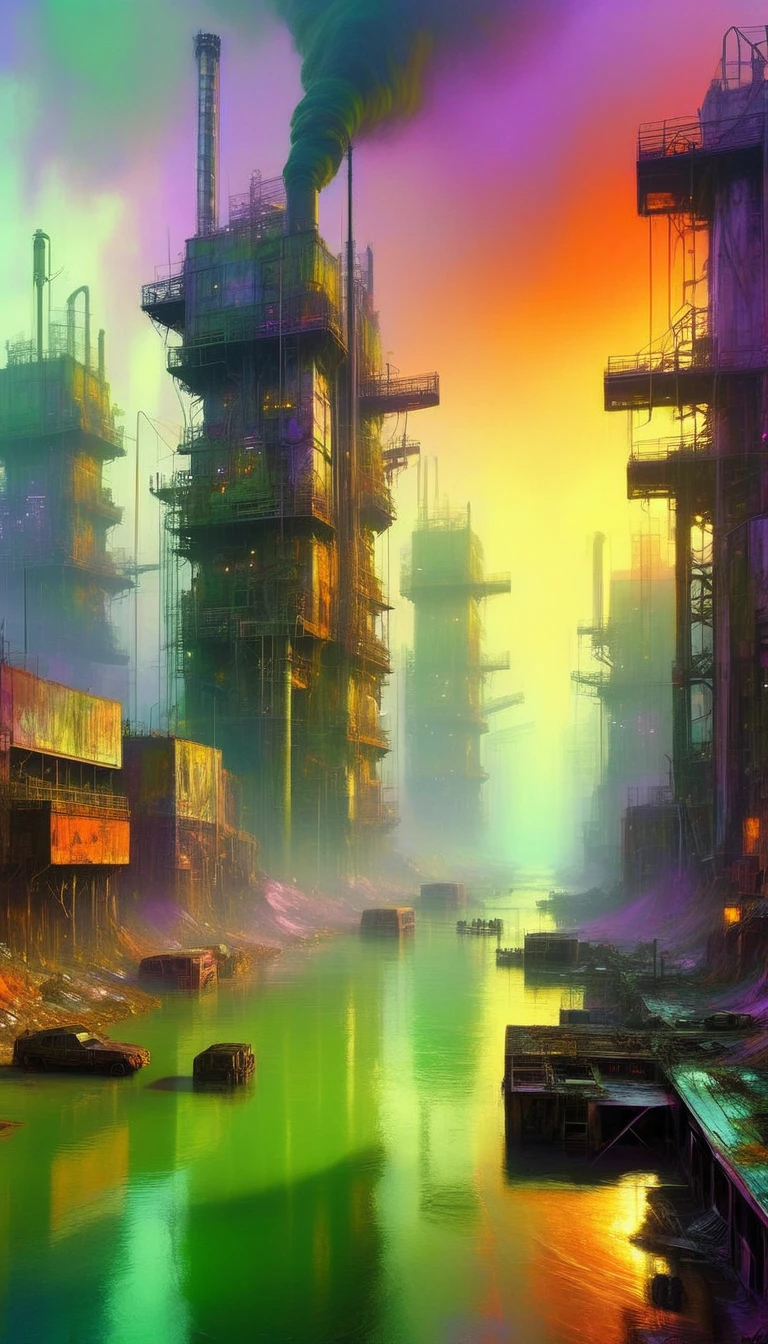 a polluted futuristic industrial landscape, large robotic structures, dilapidated buildings, toxic green rivers, hazy purple and orange sky, grim atmosphere, oil painting, art inspired by Bill Sienkiewicz, hyper-detailed, photorealistic, 8k, (best quality,4k,8k,highres,masterpiece:1.2),ultra-detailed,(realistic,photorealistic,photo-realistic:1.37),HDR,UHD,studio lighting,ultra-fine painting,sharp focus,physically-based rendering,extreme detail description,professional,vivid colors,bokeh