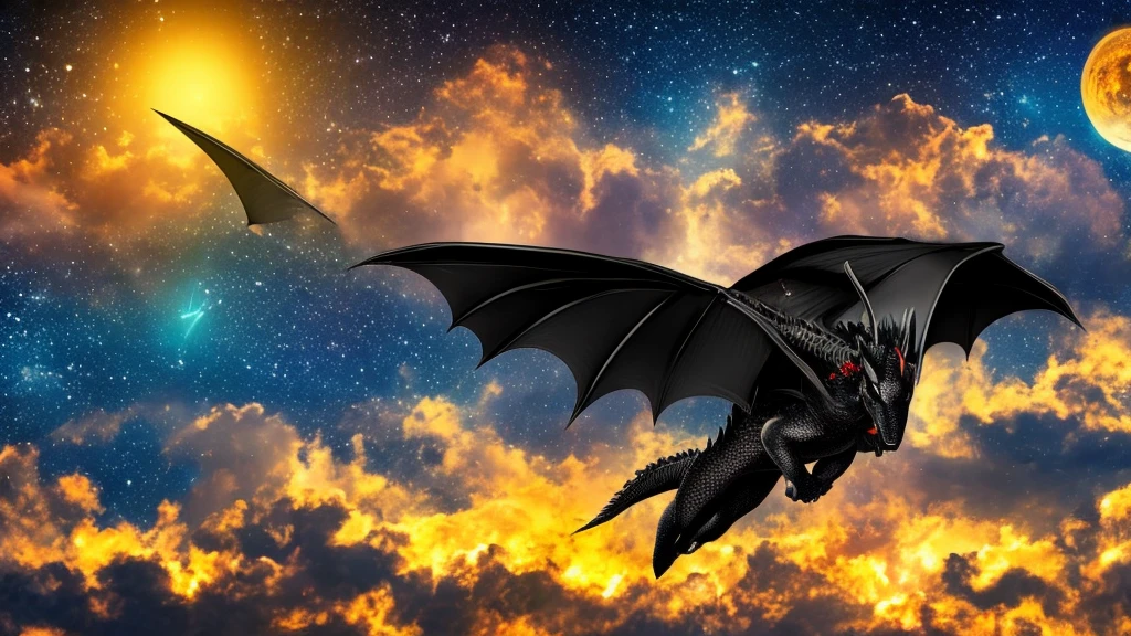 Gloomy black dragon flying through the starry night sky, super verbose, FHD, ultra realisitic 