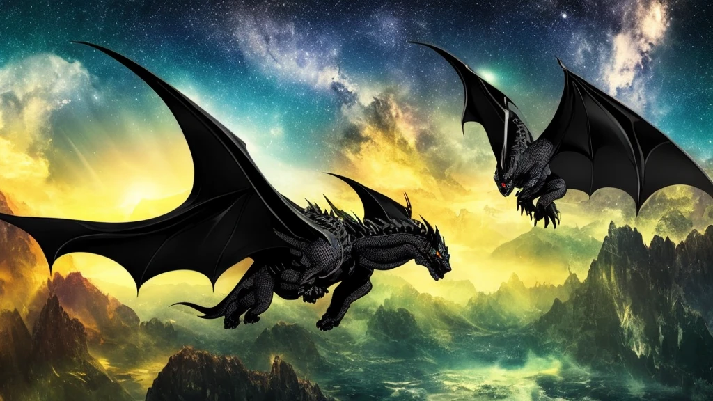 Gloomy black dragon flying through the starry night sky, super verbose, FHD, ultra realisitic