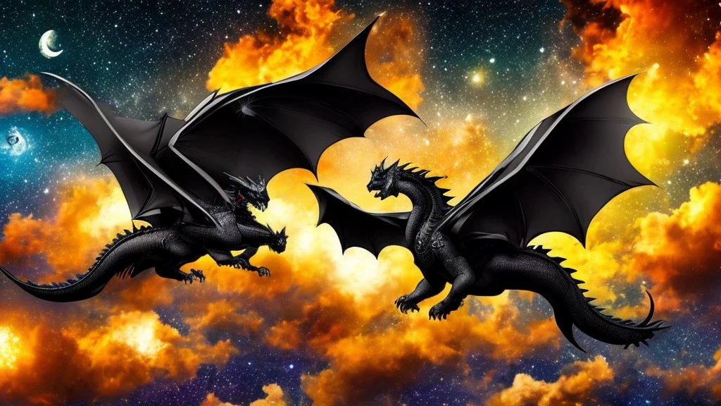 Gloomy black dragon flying through the starry night sky, super verbose, FHD, ultra realisitic
