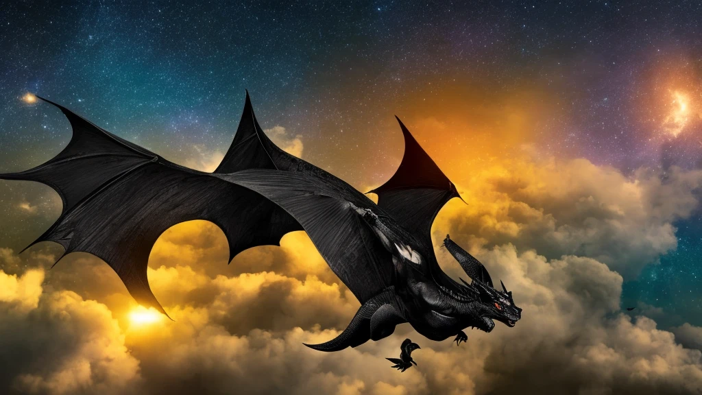 Gloomy black dragon flying through the starry night sky, super verbose, FHD, ultra realisitic 