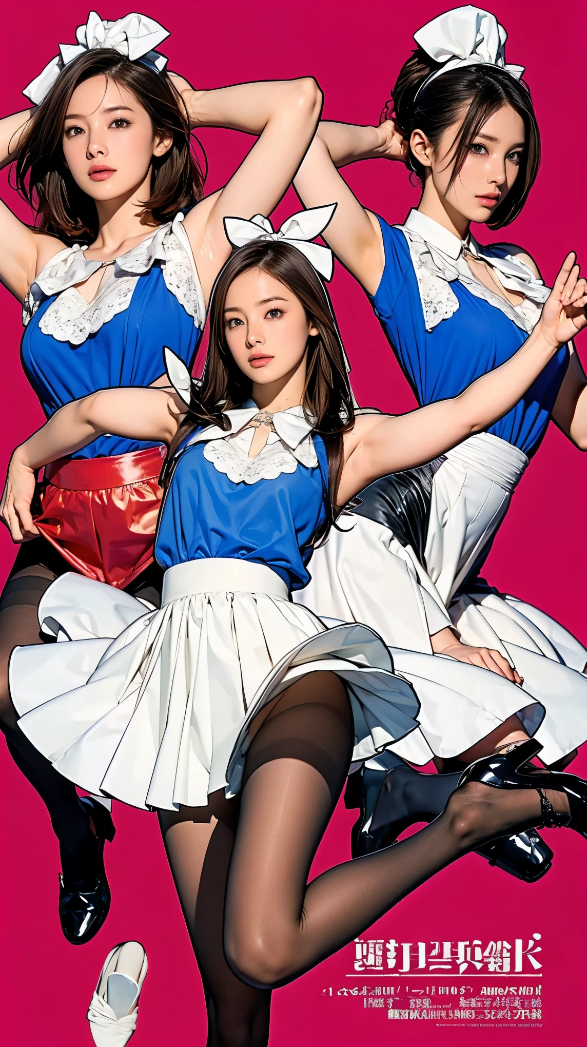 ((masterpiece)),(((Highest quality))),((Character design sheet)),Thin thighs,Long legs,((Alice in Wonderland, wearing a large ribbon on your head,,, Knee-high socks, White panties, loafers))、15-year-old girl、(Raise your arms、Please show me your armpits:1.2)、(Droopy eyes:1.2), (Very slim:1.4)、Tight waist、Long legs、Browsing Caution、Big round eyes,Crouching,