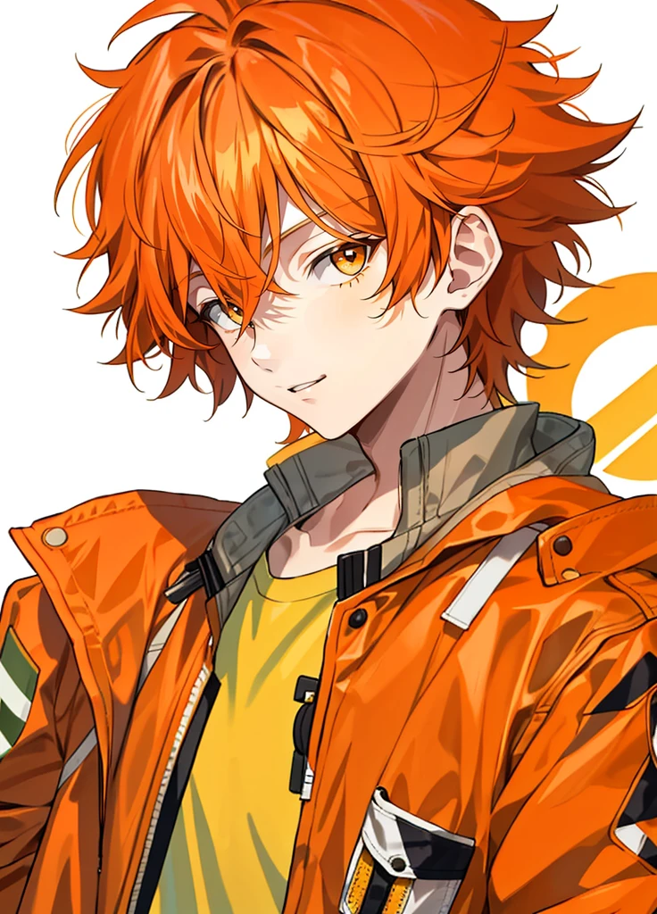 1 boy, 24 years old, messy hair, orange hair, medium hair, safari jacket,