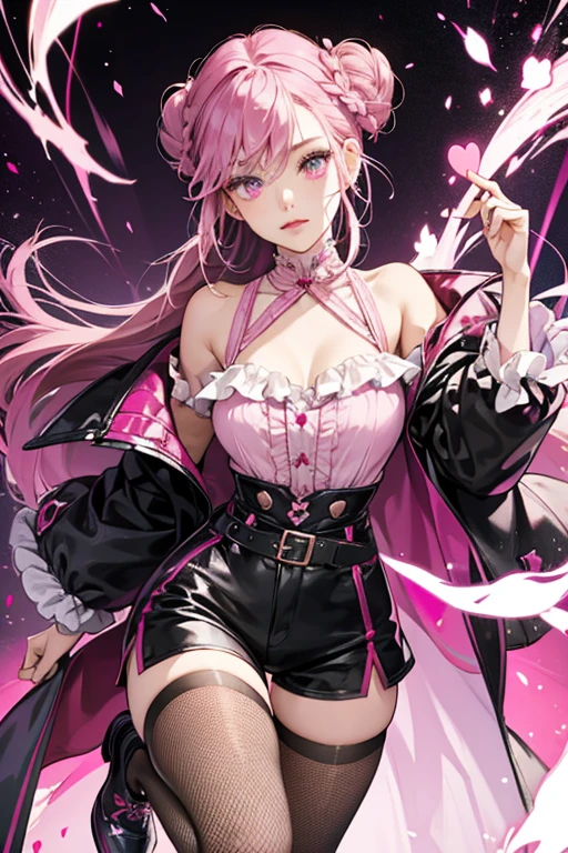 Countess has fair skin, dark hot pink hair in two low braided buns, and lilac eyes. Her lips are pink, and there is also a pink droplet of blood underneath her mouth. She wears a black tailed jacket with a cropped white frilly shirt underneath, black short-shorts, pink fishnet tights, and her shoes are black with pink soles. She has a pink and black cape with a heart on it. SPARKLE; GLITTER