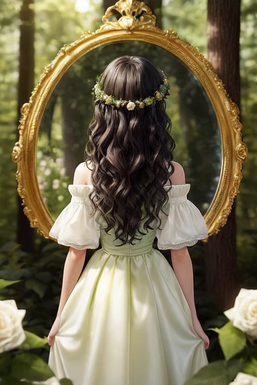 A girl with black wavy hair, of light brunette skin with a light green 15-year-old dress turning her back inside an enchanted forest and all of this is inside a golden oval mirror around white roses