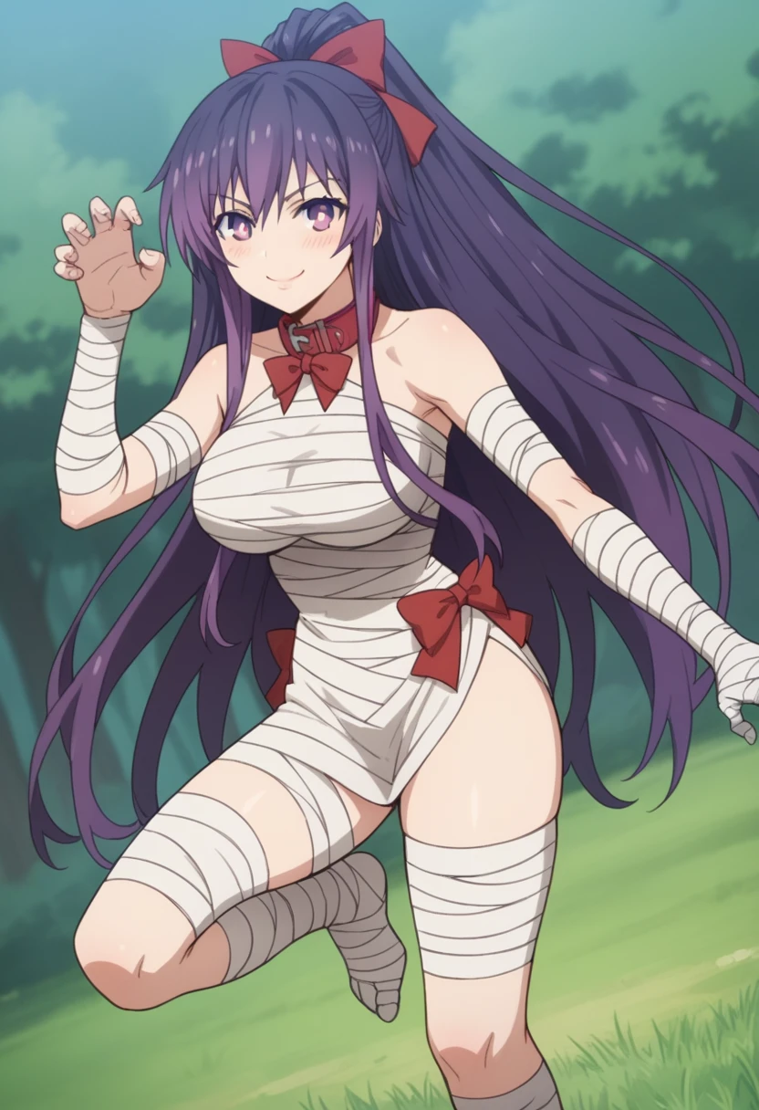 Score_9, Score_8_up, Score_7_up, source_anime BREAK photo of cowboy, looking at viewer, alone, 1 girl, Tohka Yatogami, long hair, purple hair, purple eyes, very long hair, ponytail, red bow, headband, loose collar, sleeves long, bare shoulders, side slit, bandaged arm, bandages, bandaged leg, mummy costume,
big breasts, curves, smile, thighs, naughty face, blushing, lips, thighs, standing on one leg, leg up, sideways, dutch angle, profile,
claw pose, forest, grass, moonlight, outdoors,