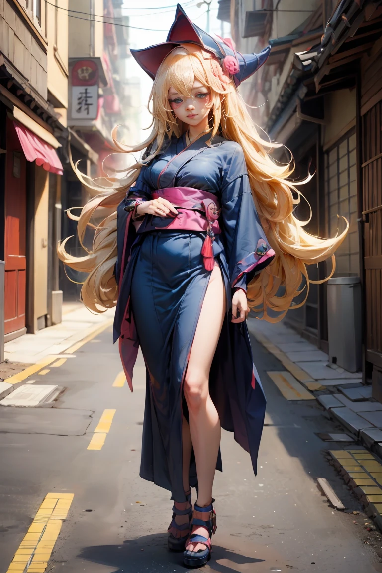 whole body,Full shot of dark magician gils in the form of a geisha with big bright blue eyes and long fluffy eyelashes of the Nordic type with a perfect elegant figure and very long fluffy wavy hair of bright blonde color is in full growth in the alley with the japanese background pink sakura blooms on a bright navy blue kimono and japanese shoes turning bright navy blue, girl&#39;The lace kimono has an intricate design with ultra-short frank cuts......, Through the fabric you can see small breasts with protuberances and on the girl&#39;s ears are beautiful earrings with beautiful navy blue sapphires that shine and shine in the light..... The ground on which the girl stands is strewn with cherry blossoms......, The scene is very artistic.., high resolution, sharp focus, Midday art style-V5., hyperphotorealism, perfect proportions, Photo of the golden ratio.., walking stick, contour, sunlight, soft shine, soft focus, Photography-style soft focus through a Monocle lens.