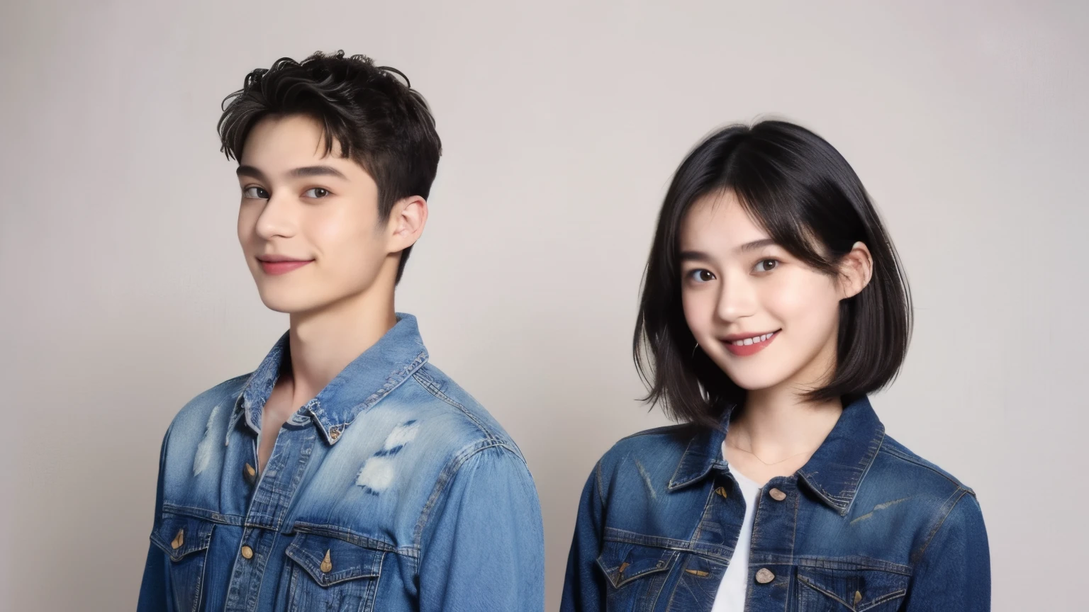 251 (An 18-year-old female and an 18-year-old male), (short hair),kind, lipstick, (jeans), (FloralTshirt), smile