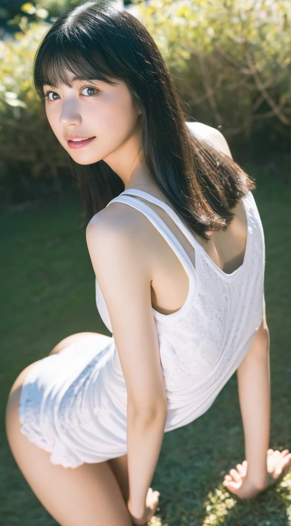 Innocent 20 year old girl、((White tank top, Dramatic poses)),Smile,short-cut,Natural park、Raw photo, (8K、top-quality、​masterpiece:1.2)、(intricate detailes:1.4)、(Photorealsitic:1.4)、octane renderings、Complex 3D rendering ultra detail, Studio Soft Light, Rim Lights, vibrant detail, super detailing, realistic skin textures, Detail Face, Beautiful detail eyes, Very detailed CG Unity 16k wallpaper, make - up, (detailedbackground:1.2), shinny skin, Full body、cleavage of the breast,((Standing with hands folded behind your back、Leaning forward、Angle from above))