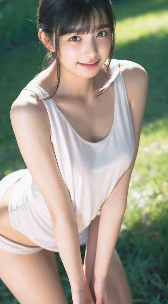 Innocent 20 year old girl、((White tank top, Dramatic poses)),Smile,short-cut,Natural park、Raw photo, (8K、top-quality、masterpiece:1.2)、(intricate detailes:1.4)、(Photorealsitic:1.4)、octane renderings、Complex 3D rendering ultra detail, Studio Soft Light, Rim Lights, vibrant detail, super detailing, realistic skin textures, Detail Face, Beautiful detail eyes, Very detailed CG Unity 16k wallpaper, make - up, (detailedbackground:1.2), shinny skin, Full body、cleavage of the breast,((Standing with hands folded behind your back、Leaning forward、Angle from above))