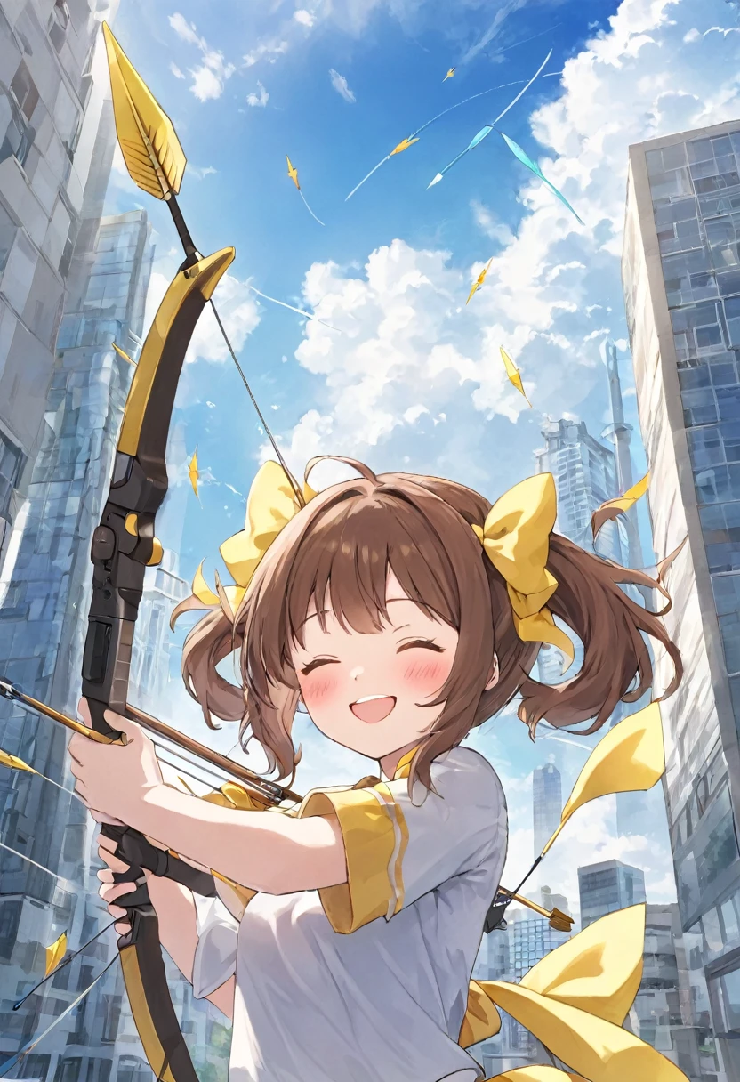 1 girl, alone, broad, blush, SMILE, Brown hair, bow, two tails, Closed eyes, weapon, short sleeves, hair bow, sky, day, blue sky, building, in front of the viewer, yellow bow, bow (weapon), ARROW (projectile)