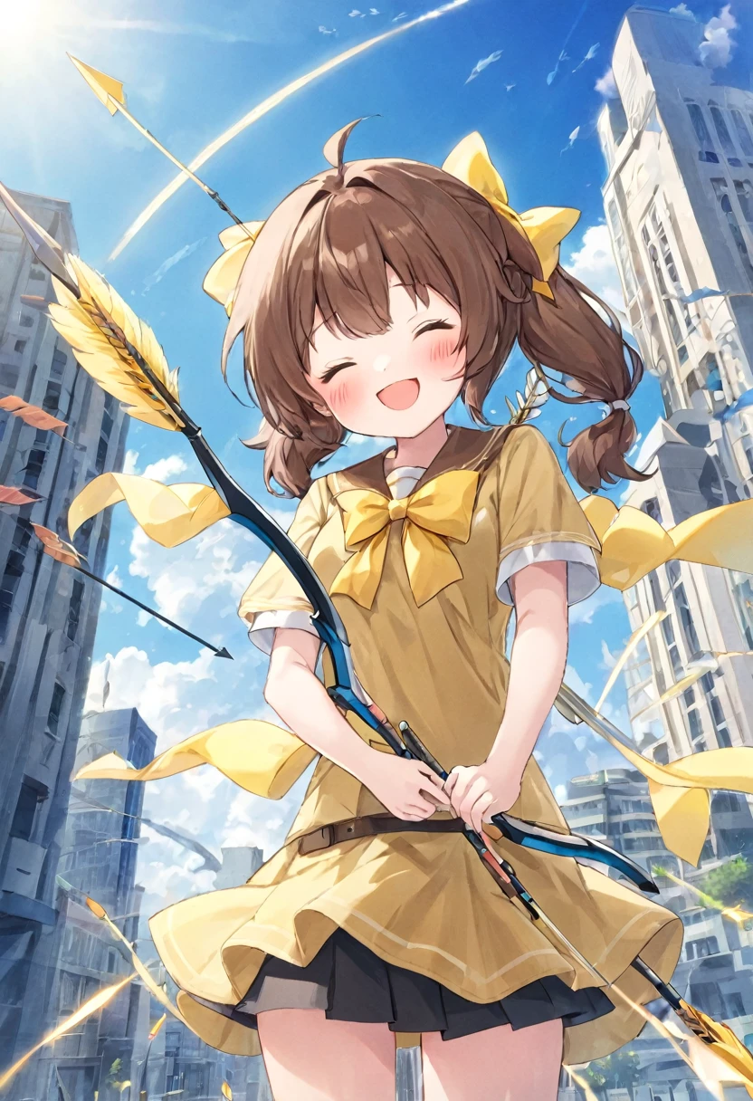 1 girl, alone, broad, blush, SMILE, Brown hair, bow, two tails, Closed eyes, weapon, short sleeves, hair bow, sky, day, blue sky, building, in front of the viewer, yellow bow, bow (weapon), ARROW (projectile), anime style