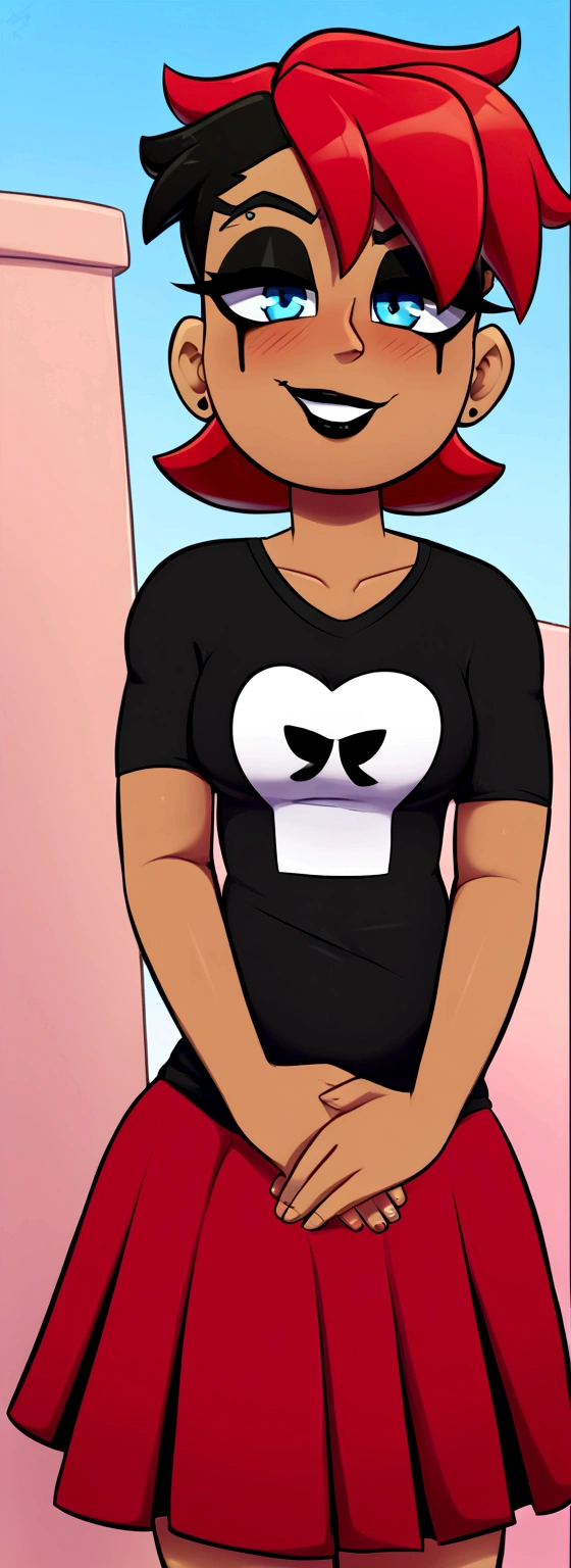edgy emo girl, dark tan skin, sea blue eyes, darkish red short hairstyle, black eyeliner, black lips, black colored makeup, smug smile, going wild in a lovesick way, blush a little bit, wearing black t-shirt, red skirt, visible belly, very chunky body, very chunky belly, Standing, outside the School, (Great autonomy), (very attractive image) , 100% beautiful, (perfectly hands) High Quality