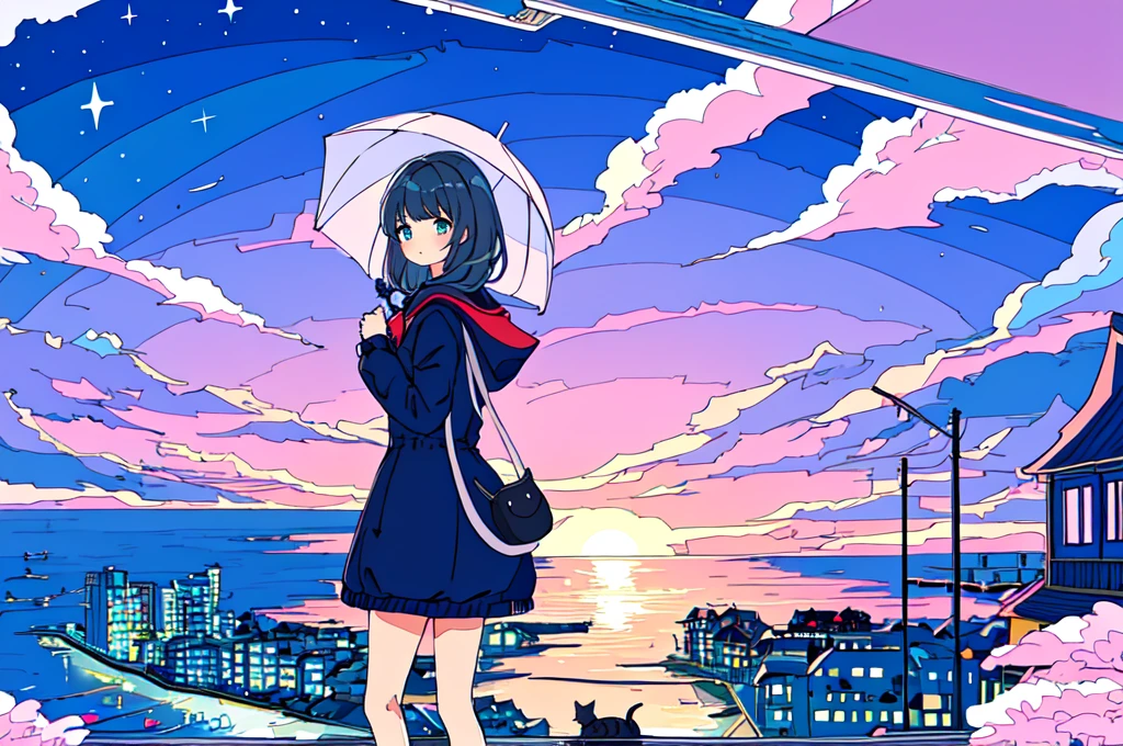 high quality、Detailed background、in 8K、Seaside town、One beautiful girl、Cute Hairstyles、Overlooking the cityscape、Midnight,detailed、pastel colour、shooting star、ripple,((Cat))、