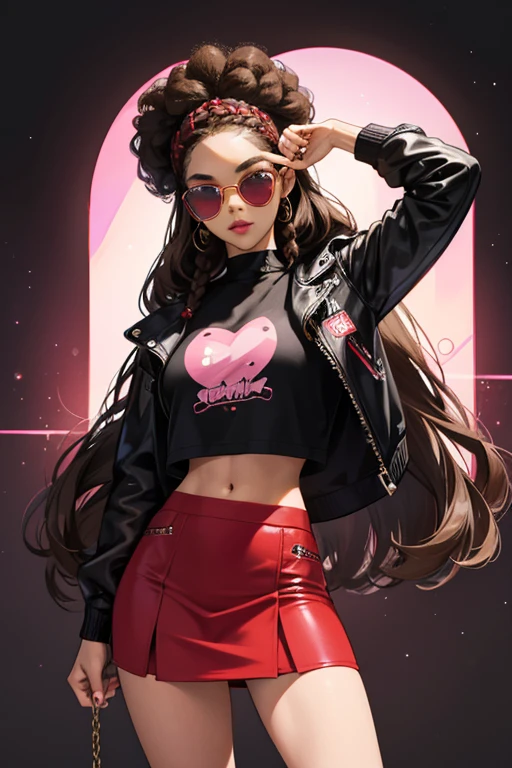Thrilla has dark brown skin, brown eyes, and frizzy brown hair in an afro with braids leading to it. She wears pink lipstick, and has red-rimmed sunglasses that are tinted black with a silver chain on the top. She wears a cropped black shirt with a silver zipper that dips slightly in the middle, a red leather jacket with black details, a red skirt, white socks, and black shoes. SPARKLE; GLITTER