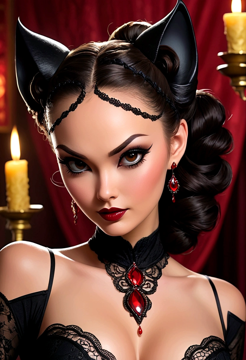 Tori Black asian catwoman, ringlets wavy five feet long black hair, updo hairstyle with ponytail on one side and long hairpins holding the bun, dark red glossy lips, heavy black eye shadow long black eyeliner, long sharp claws, black lace beautiful and creative catwoman bodysuit, huge cleavage, clear ears no earrings, no earrings, no earrings, no earrings, no jewels, beautiful forehead lace ornament, posing in a feminine catwoman den, happy expression, dark ambience night time candle lights. No faces on her chest!