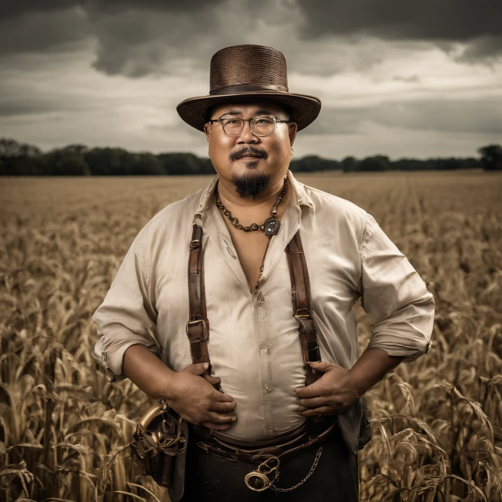 Chubby, Asian man, fat, 50 year old, Wear eyeglasses, wear a straw hat, Nude, Naked, Shirtless,Take off shirt, farmer, rain, wet from the rain, in the field