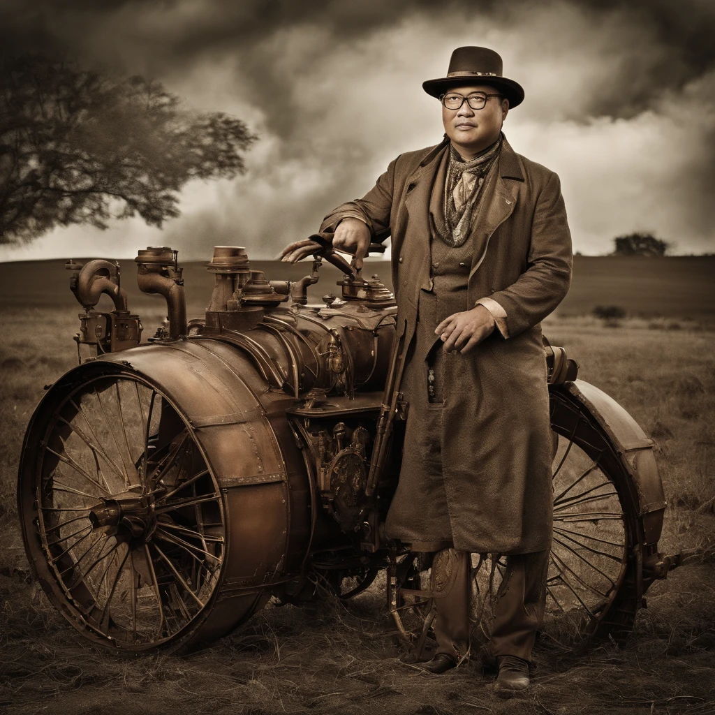 Chubby, Asian man, fat, 50 year old, Wear eyeglasses, wear a straw hat, Nude, Naked, Shirtless,Take off shirt, farmer, rain, wet from the rain, in the field