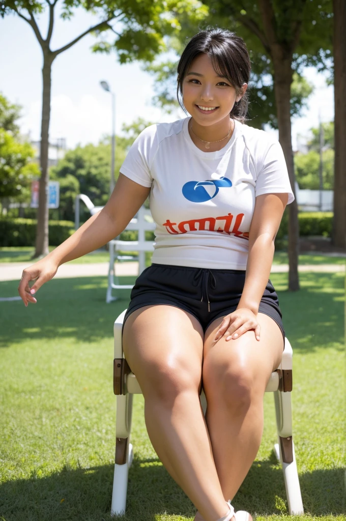 ,(tanned skin:1.3), japanese female,mascular thighs,sport jersey short pants,white t-shirt,curvy,at park,sandals,natural black hair,standing,smile,,(from below,thighs focus),sitting on chair