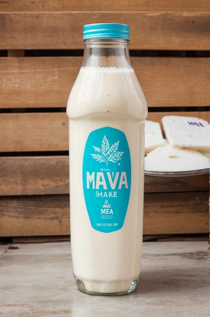 Make cold drink bottle brand names "meena" and product name is "maava shake" add image of milk and put some logo