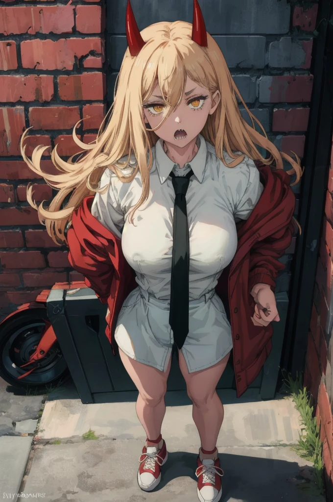 best quality, masterpiece, 1girl, shy, power_csm, blonde hair, yellow eyes, cross-shaped pupils, symbol-shaped pupils, red horns, sharp teeth, white buttoned shirt, blue jacket, black necktie, black pants, sneaker shoes, standing in front of a brick wall, end of the day, from front, looking at the viewer, naked