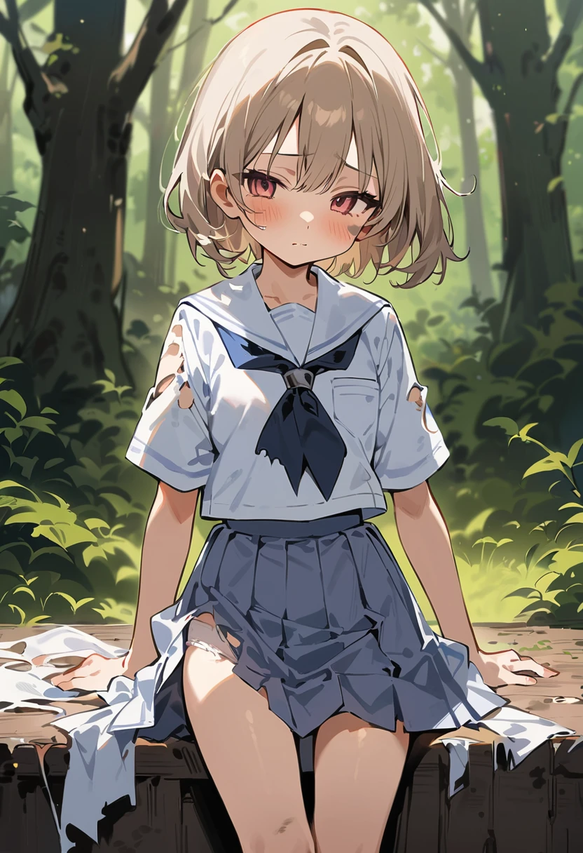 beautiful detailed girl,(masterpiece,best quality,extremely detailed:1.2),((cowboy shot:1.1)),(solo,10 years old,kawaii,slender,small breasts:1.25),(pained look:0.8),((white underwear) in ((Torn school uniform)):2),(dirty:2),blush,shy,weep,standing,(deep forest:1.5),(hug:0.4),rating: general, newest,Sexy face,(primitive:1.1)