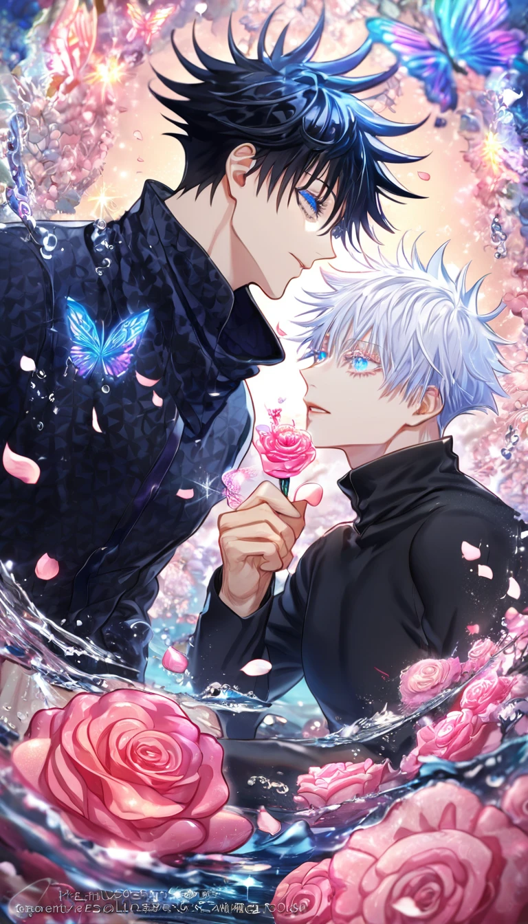 Ultra detailed, HDR, Highres, absurdres, master piece, Gojou Satoru, expressive blue eyes, white hair with bangs, white eyelashes, Fushiguro Megumi, expressive blue eyes, black hair, Jujutsu Kaisen, black coat with patterns, black tight shirt, pink glittering butterflies, pink ice, petals, pink ice glass roses, 2 men together, gay couple, love, handsome, glittering, water, fantasy, magical