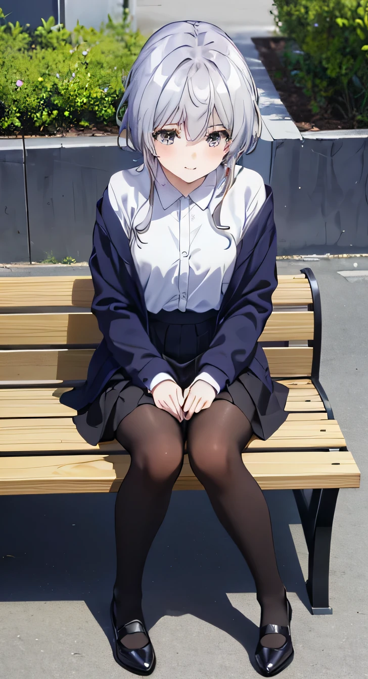 High resolution, (Head to Toe full body), front, frontComposition from slightly below, Symmetric, Tall 18 year old girl, alone, (Head to Toe), (Small breasts), Black Hair, (black tights), (Black Pantyhose), (Sit with your legs apart), (Crouching pose), ( (Sit on a bench with your legs spread), (M-shaped feet), Thin legs, Very beautiful tall 18 year old girl, , smile、 Looking into the camera, business suit、Jacket、White shirt、Knee-length skirt、pumps
