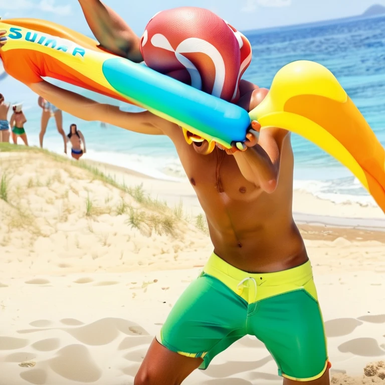 Animalistic man with octopus head and athletic body of a surfer in shorts on a beach with the sea at his back jumping with a water gun in his hand on the sand is a poster advertising summer and 90s style music festivals