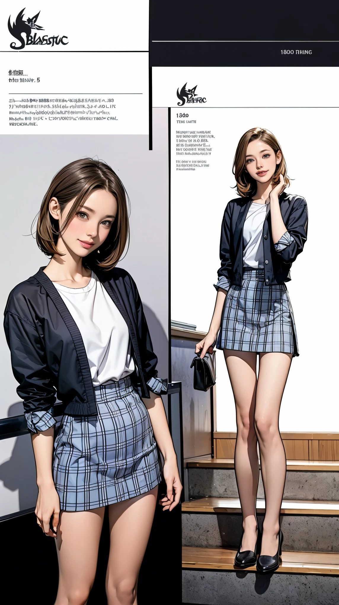 ((masterpiece)),(((Highest quality))),((Character design sheet)),Thin thighs,Long legs,An 18-year-old high school girl standing on the school steps,White shirt,Blue and red plaid mini skirt:1.5,The best smile,White panties:1.5,Short-cut blonde:1.5,short side waves,Carrying a black backpack,Butt Exposure,wear black loafers,